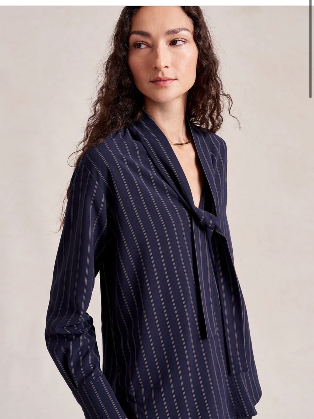 La Ligne Roman top Navy Pinstripe Long-Sleeve Top with Neck Tie